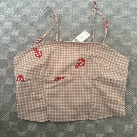 💛❤️ Anthropologie Beige Gingham Cropped Cami With Red Anchor Print - Picture 5 of 8
